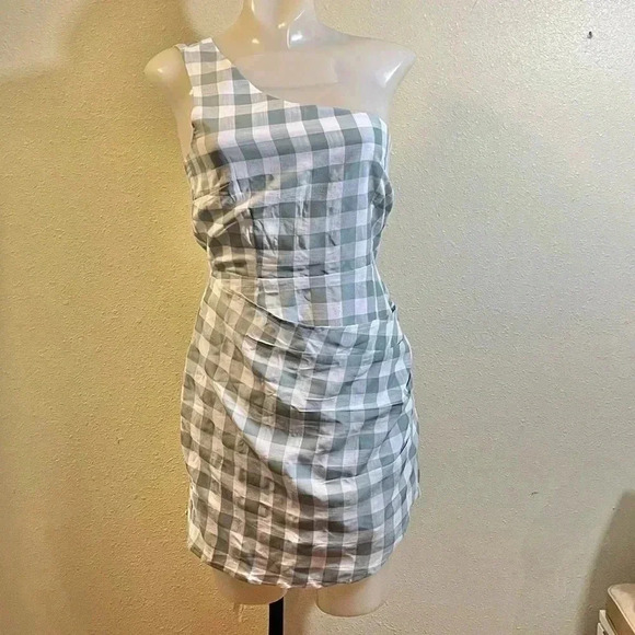 Runaway The Label Tighan Dress Women’s Sz 4 Sage Gingham Checkered One Shoulder - Picture 1 of 9